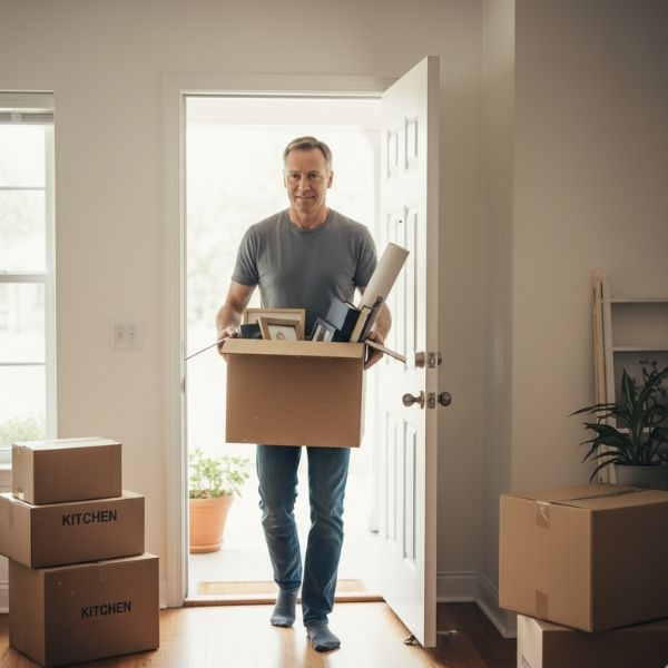 A middle-aged man carries a large cardboard box filled with household items out of an open front door, smiling slightly