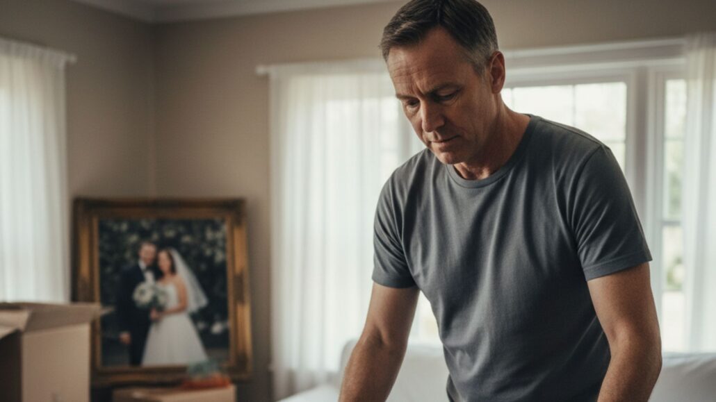 A middle-aged man with short grey hair is carefully packing items into a cardboard box. In the blurred background, a framed wedding photo is visible on the wall