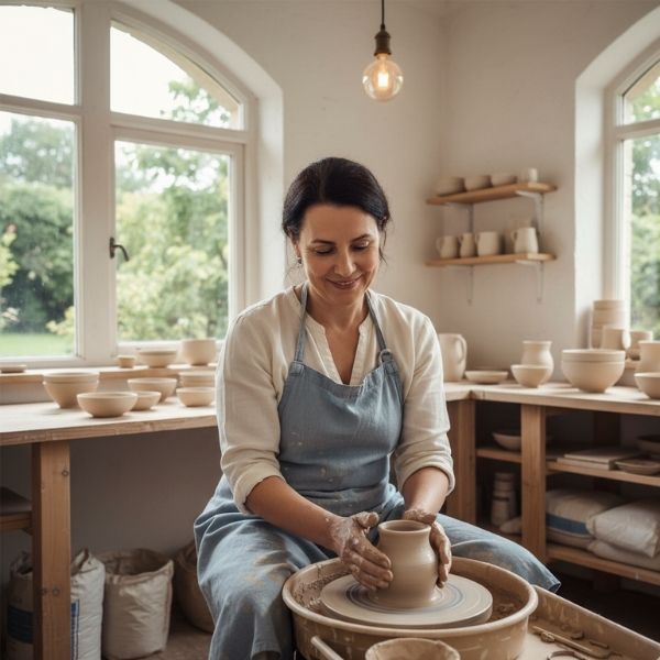 A smiling middle-aged woman is intently shaping clay on a pottery wheel in a brightly lit studio.