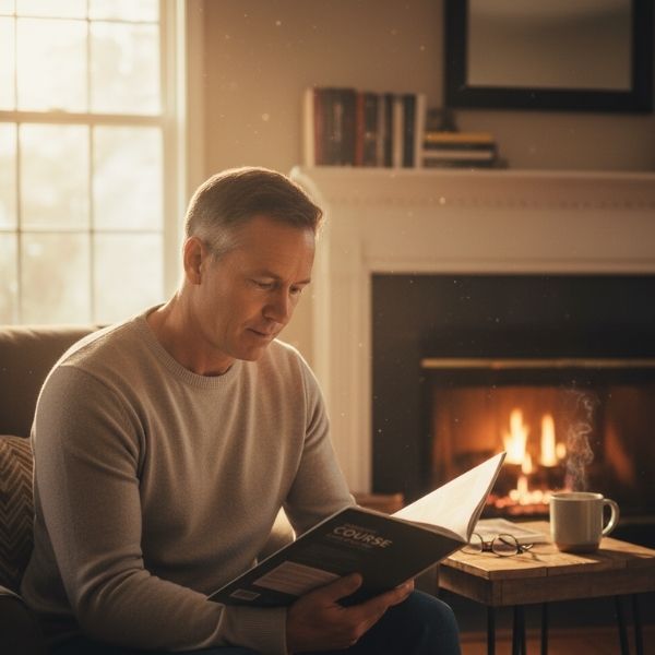 man sits comfortably in an armchair by a warm fireplace, engrossed in reading a course guide.