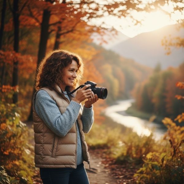 A woman with curly hair smiles while holding a professional camera, taking photos of a beautiful autumn landscape.