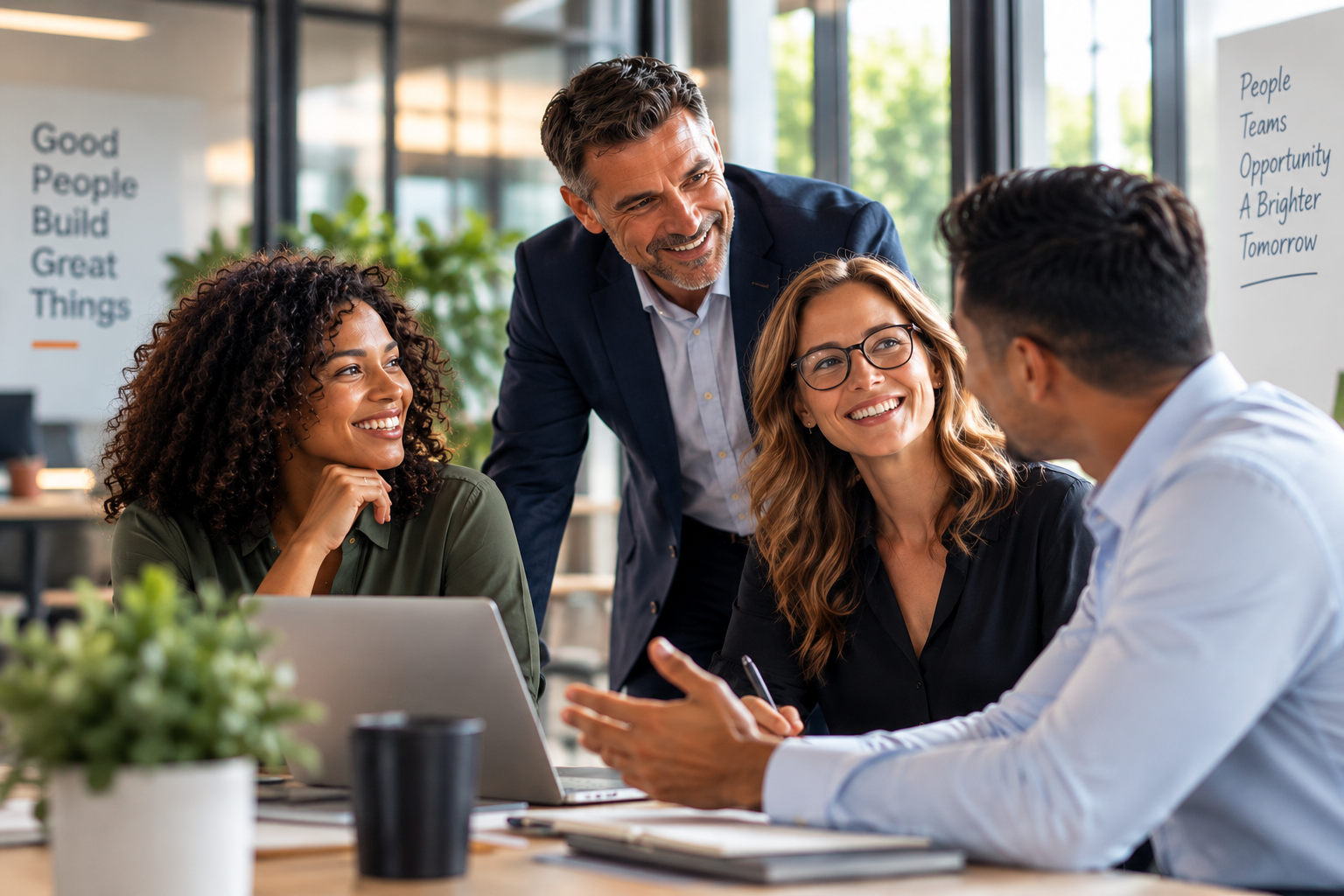 Business professionals collaborating together in a modern workplace