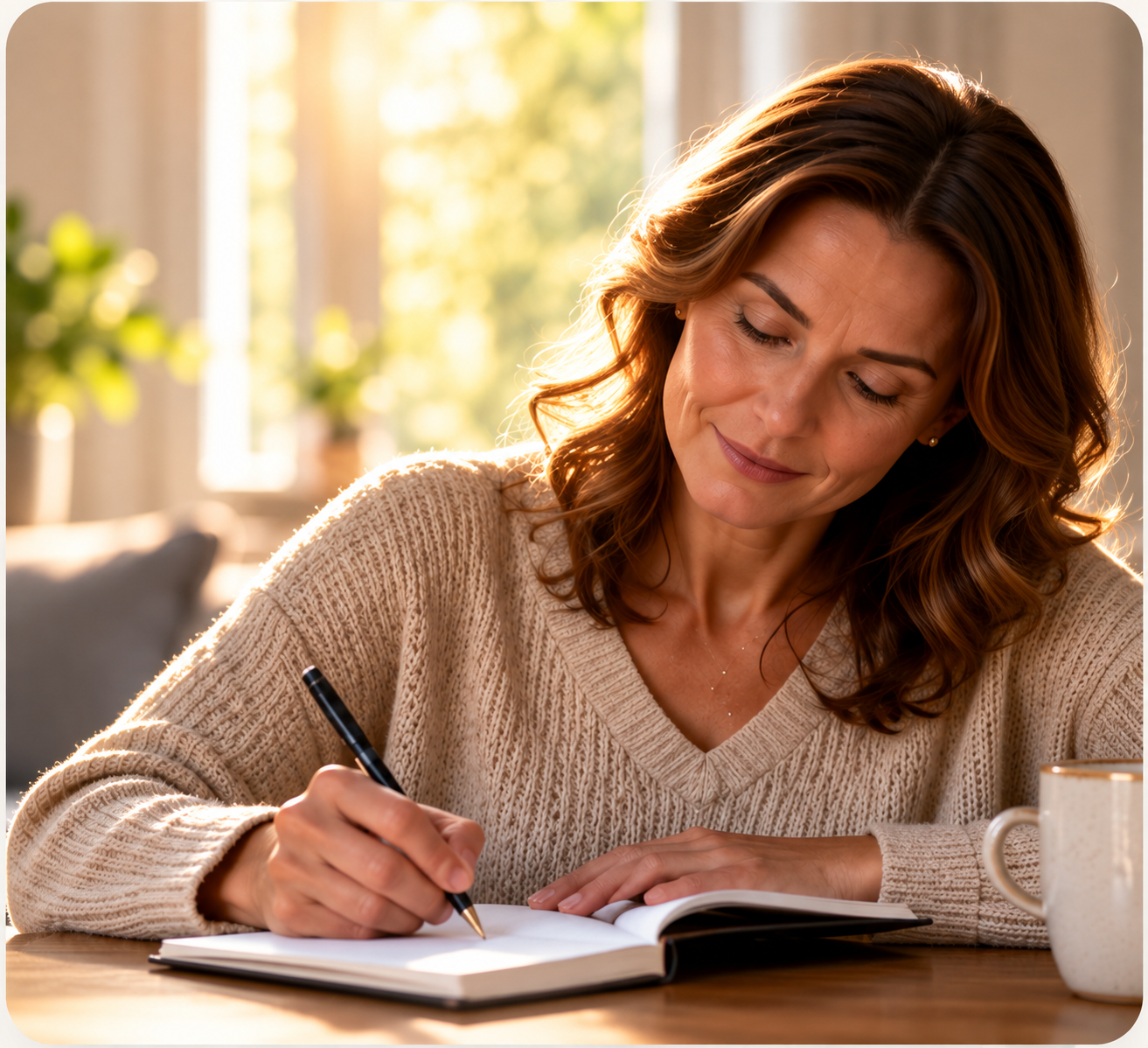 Woman writing and reflecting privately
