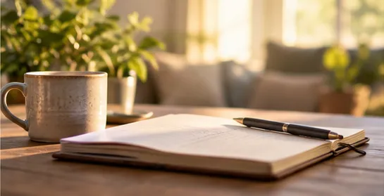 Journal and coffee in a quiet home for private reflection after divorce