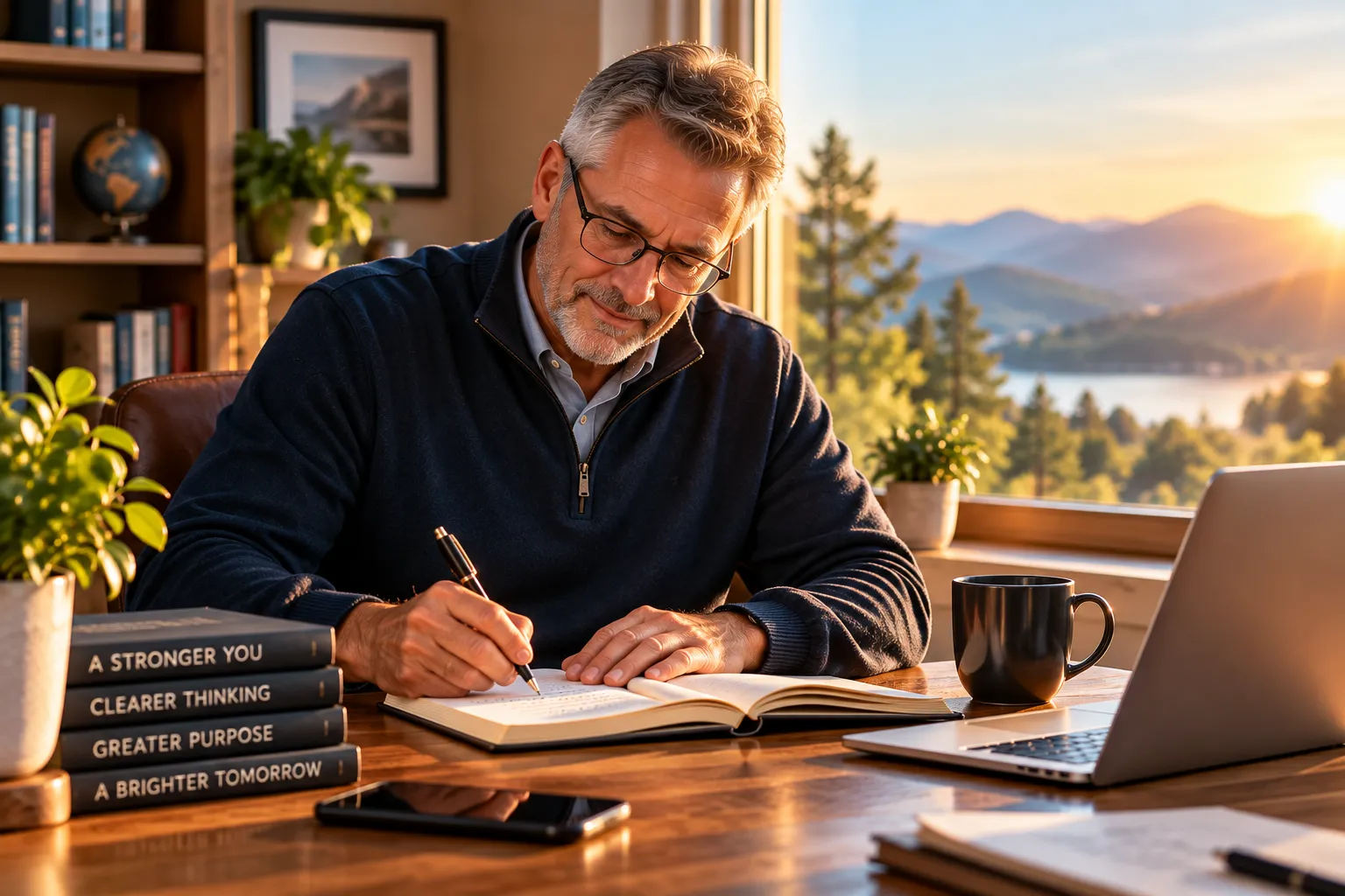 A mature adult reflecting and writing as part of the Mastery personal growth experience