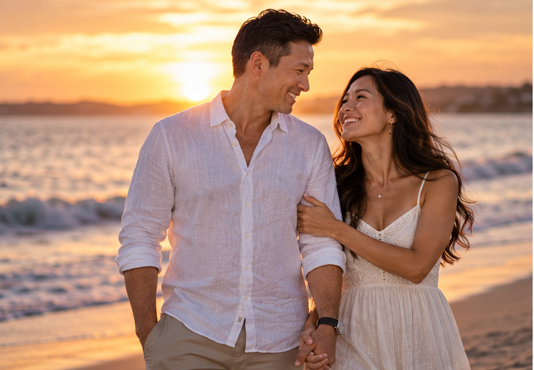 Married couple walking together hand in hand at sunset