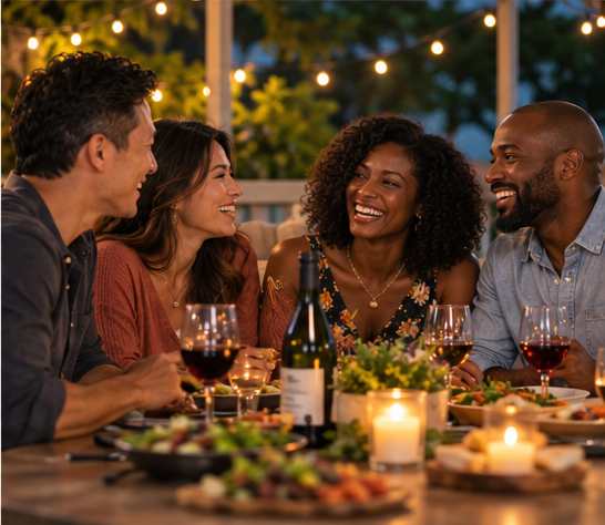 Friends enjoying a couples night with dinner and conversation